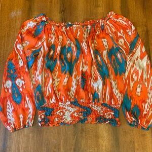 Michael Kors Top Large Orange Blue White Smocked Waist Crop Wide Neck Elastic